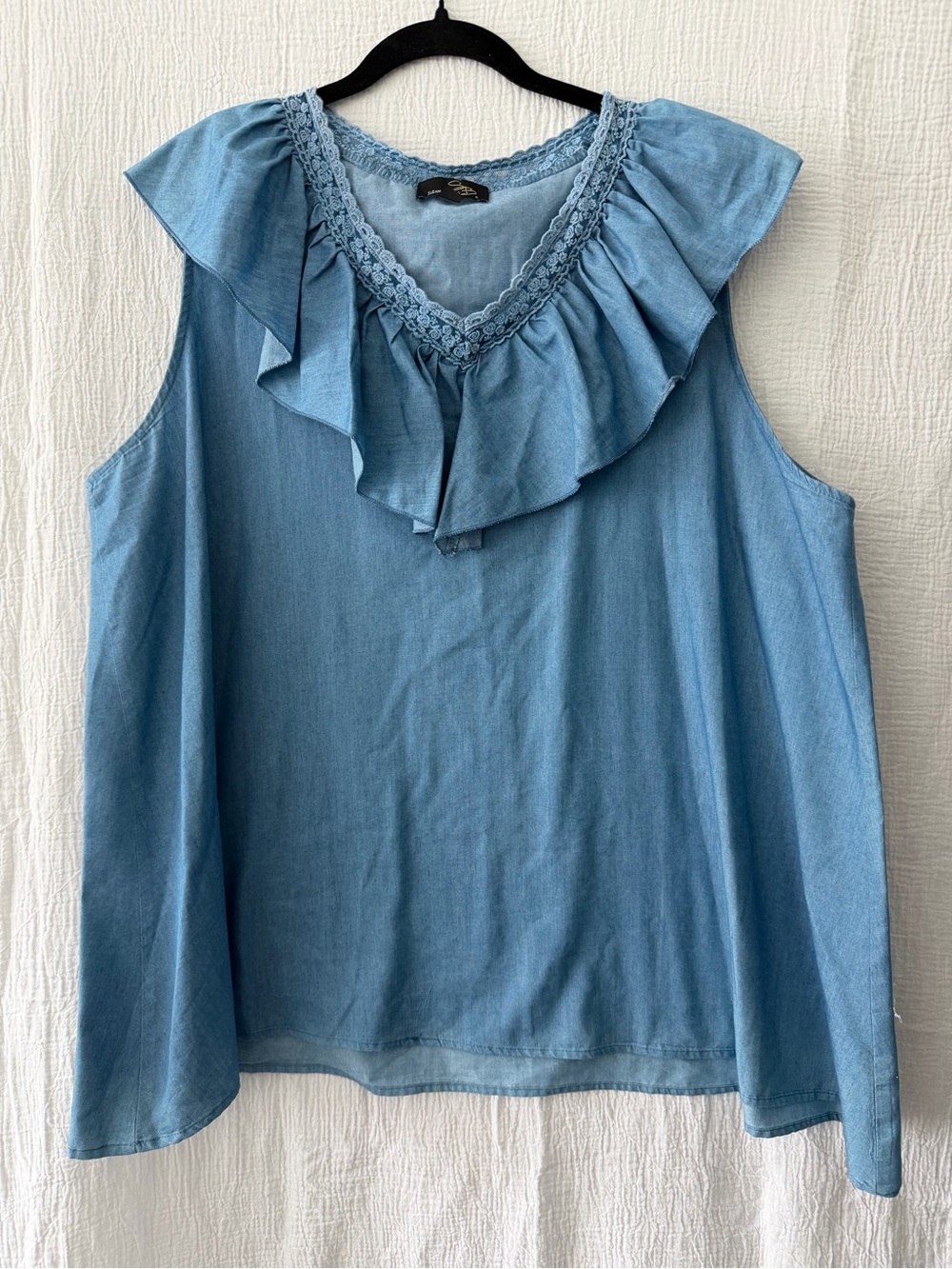 Suzanne Betro Light Blue Ruffle Chambray Tank